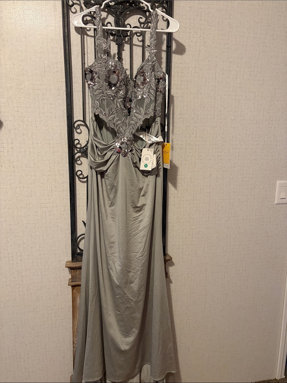 Jovani Sage Green Beaded Halter Evening Gown